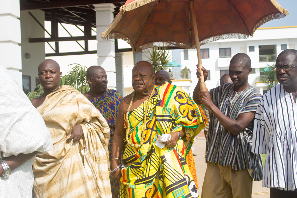 HRM, Nene Sakite II, Paramount Chief of the Manya Krobo Traditional Area being escorted o the dais on his arrival